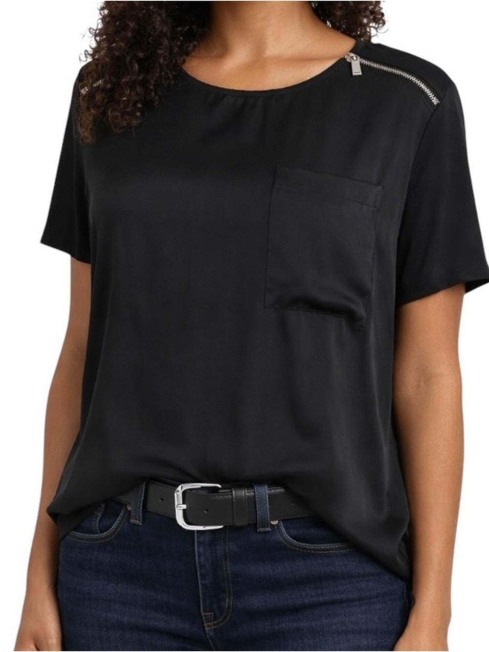 Michael Kors Black Zipper Shoulder Blouse L Short Sleeve Pocket Top